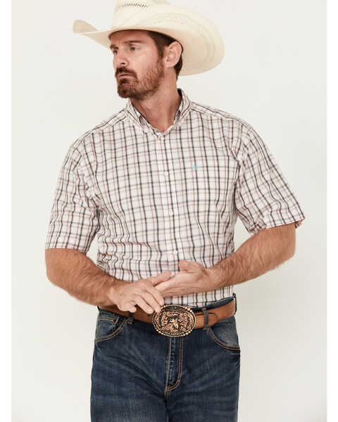 Ariat Men's Wrinkle Free Sage Plaid Print Shirt Sleeve Button-Down Western Shirt , Peach, hi-res