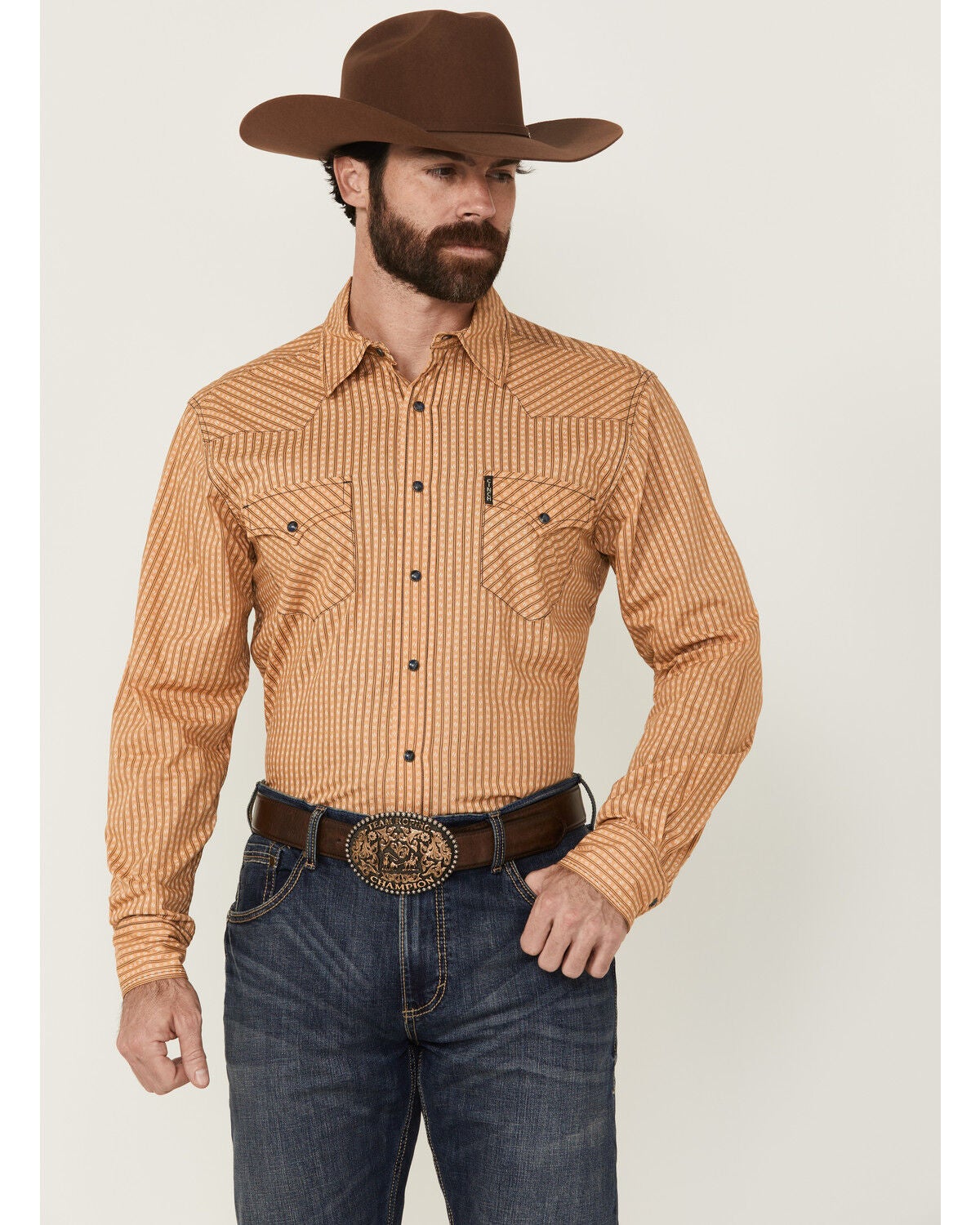 Cinch Men's Geo Striped Print Modern Fit Long Sleeve Snap Western Shirt, Gold, hi-res