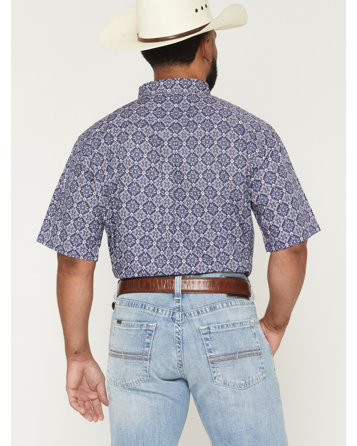 Image #4 - Ariat Men's Bill Medallion Print Short Sleeve Button-Down Western Shirt, Blue, hi-res