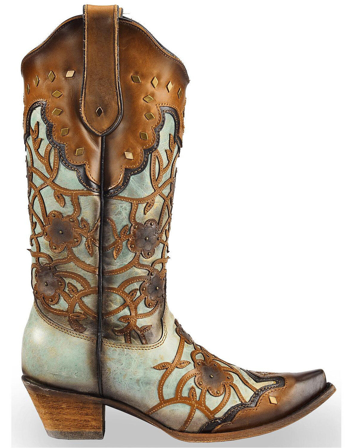 Image #2 - Corral Women's Floral Overlay and Studs Snip Toe Western Boots, , hi-res