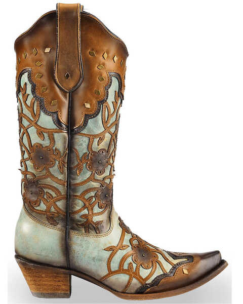 Image #2 - Corral Women's Floral Overlay and Studs Snip Toe Western Boots, Brown, hi-res