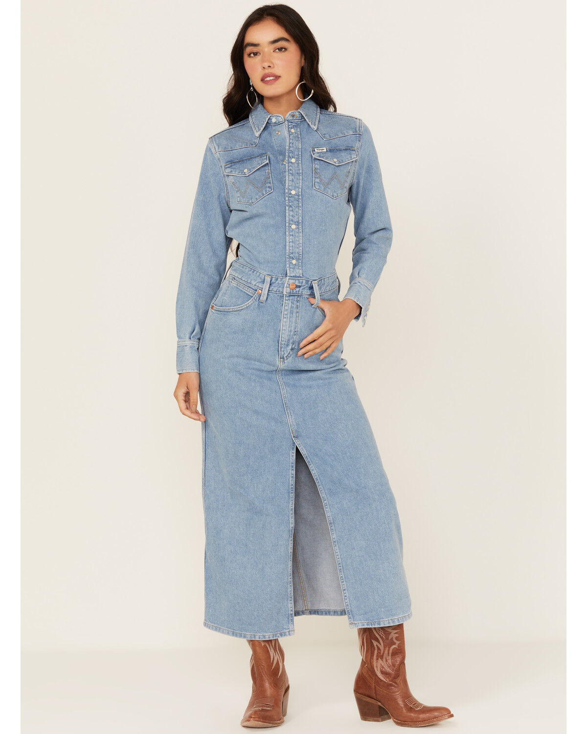 Image #1 - Wrangler Women's Light Wash Denim Maxi Dress, , hi-res