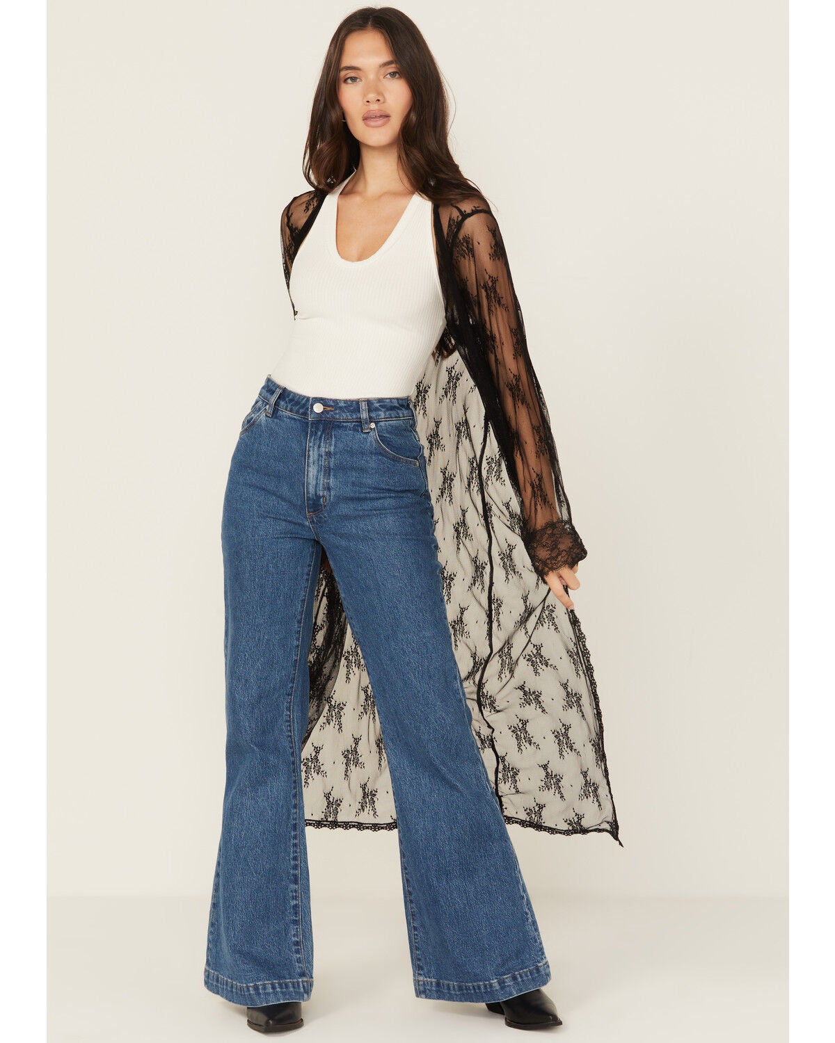 Beyond The Radar Women's Lace Long Sleeve Kimono, Black, hi-res