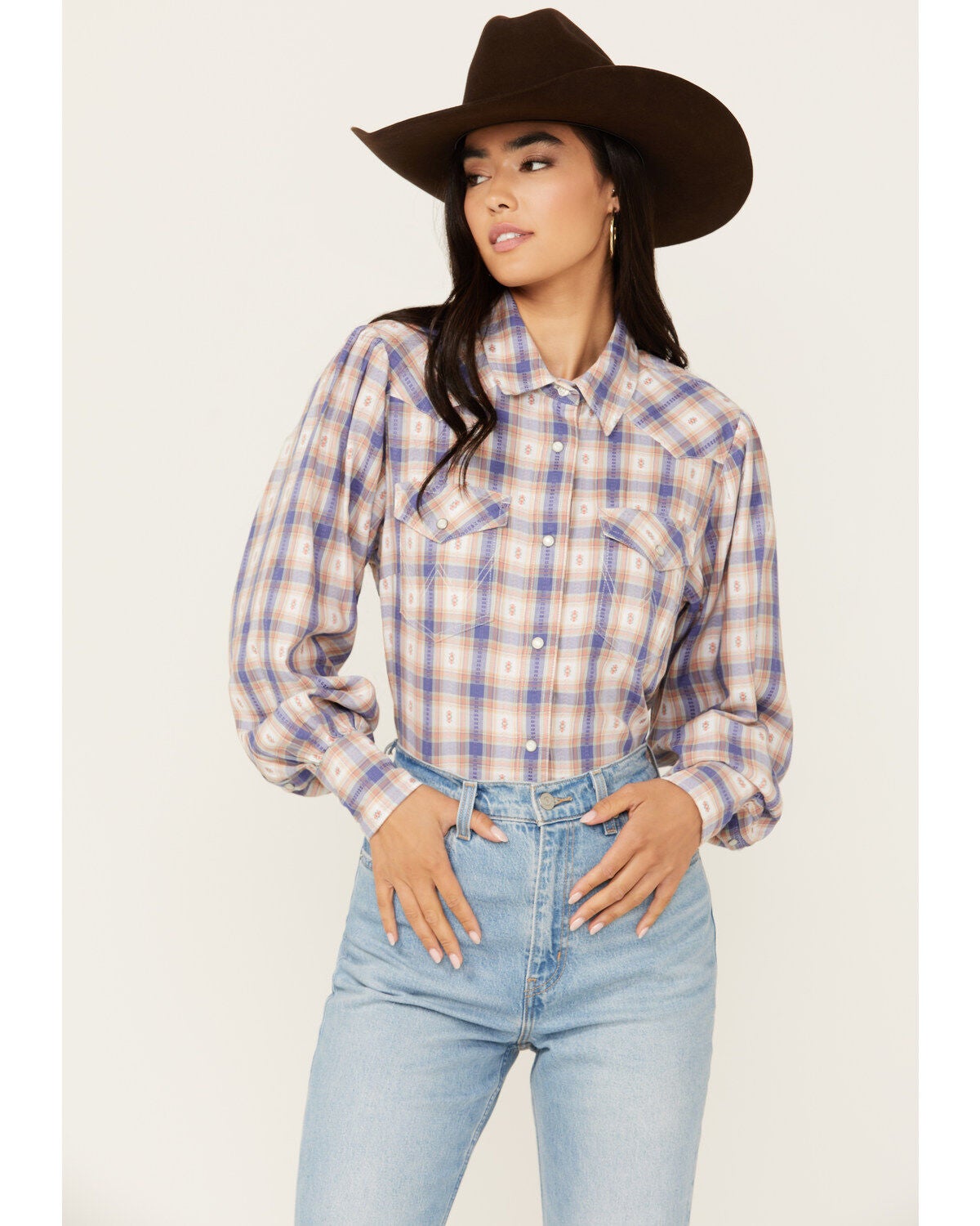 Wrangler Women's Balloon Sleeve Plaid Print Snap Western Shirt, Medium Wash, hi-res