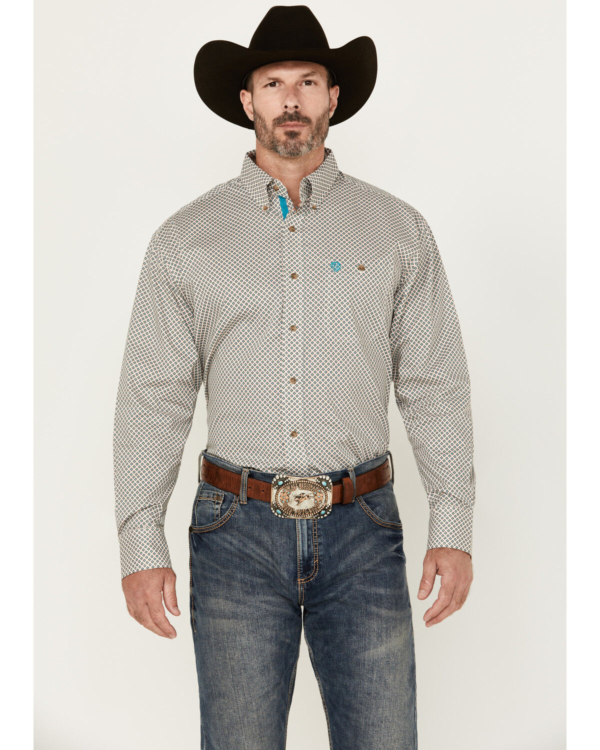 Image #1 - George Strait by Wrangler Geo Print Long Sleeve Button-Down Stretch Western Shirt, White, hi-res