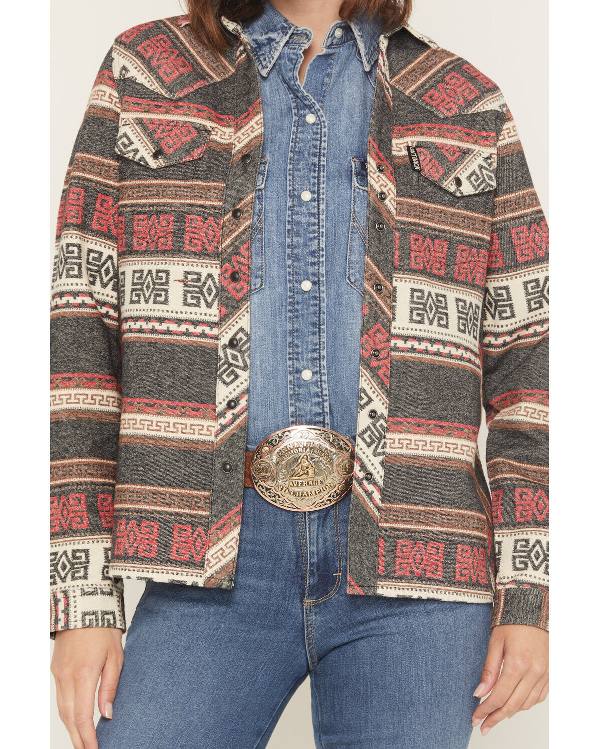 Image #3 - Outback Trading Co Women's Lorelei Southwestern Print Long Sleeve Snap Performance Shirt, Red, hi-res