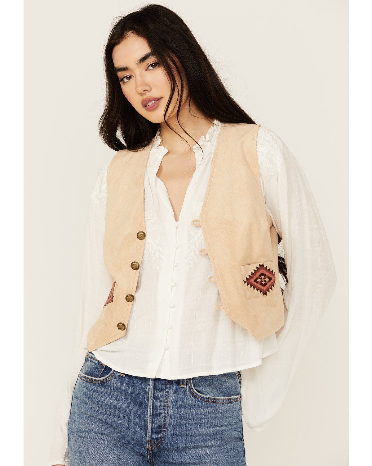 Shyanne Women's Southwestern Print Embroidered Faux Suede Vest, Tan, hi-res