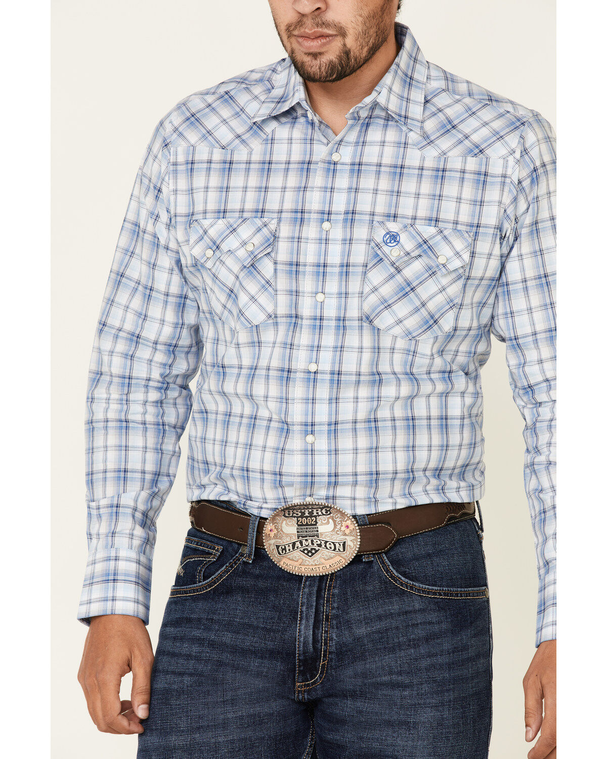 Image #3 - Wrangler Retro Men's Small Plaid Long Sleeve Western Shirt, Blue, hi-res
