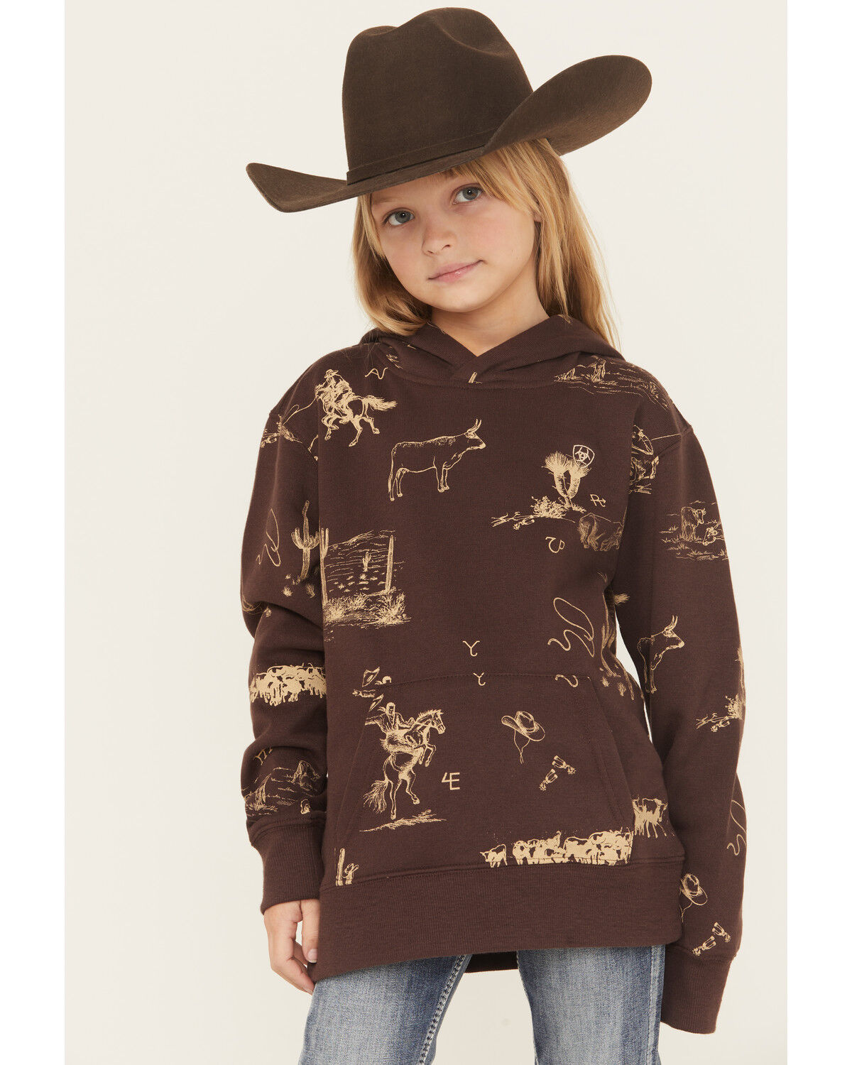 Image #1 - Ariat Girls' Ranch Scene Hoodie, Brown, hi-res
