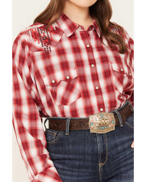 Ariat Women's R.E.A.L. Embroidered Plaid Print Long Sleeve Western Pearl  Snap Shirt - Plus