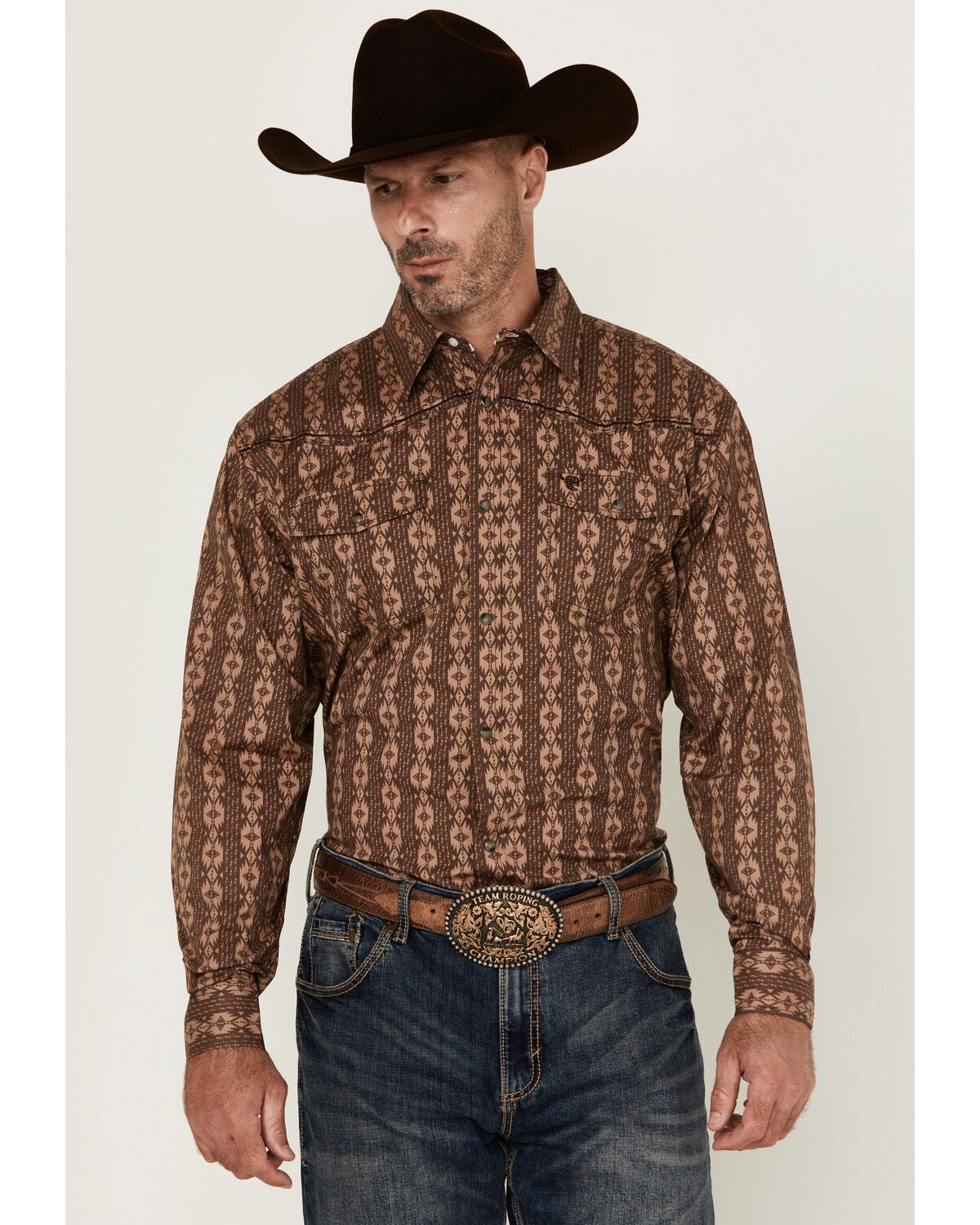 Cowboy Hardware Men's Southwestern Print Long Sleeve Snap Stretch Western Shirt, Chocolate, hi-res
