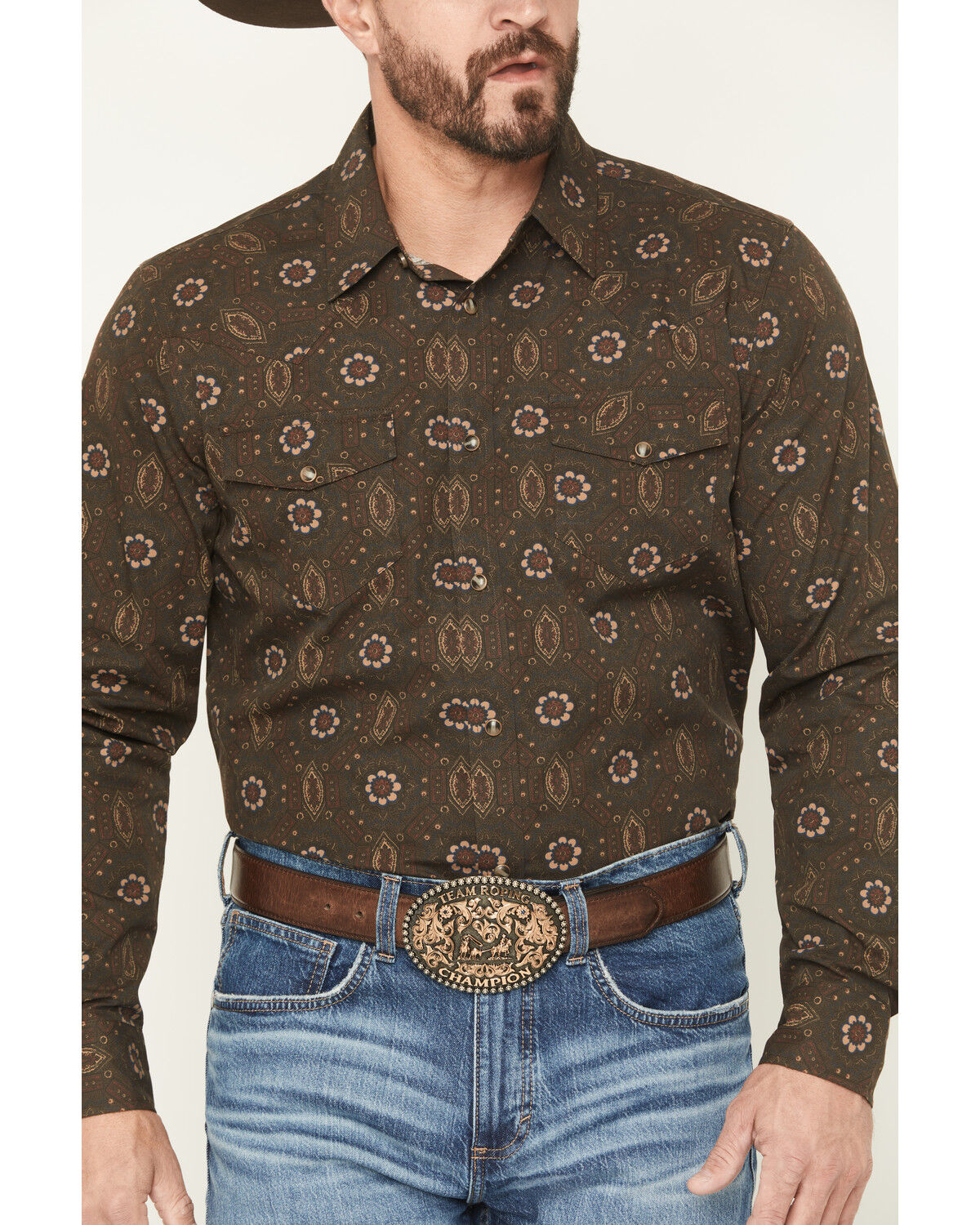 Image #3 - Gibson Trading Co Men's Bourbon Street Medallion Print Long Sleeve Snap Stretch Western Shirt - Big, Brown, hi-res