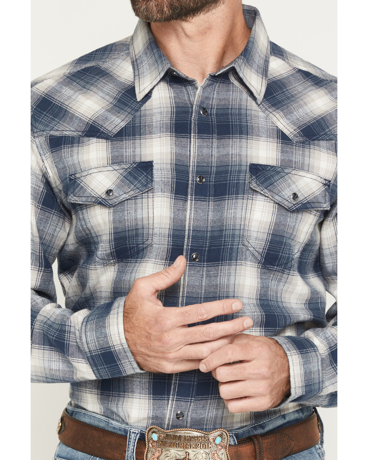 Image #3 - Cody James Men's Rio Bravo Plaid Print Long Sleeve Flannel Shirt, Dark Blue, hi-res