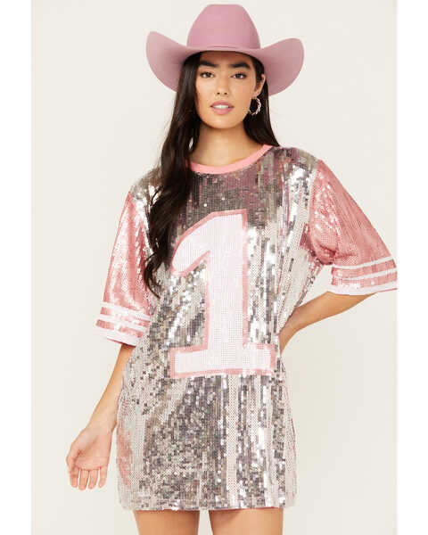 Image #1 - Why Dress Women's Game On Jersey Sequins Oversized Tee, Pink, hi-res