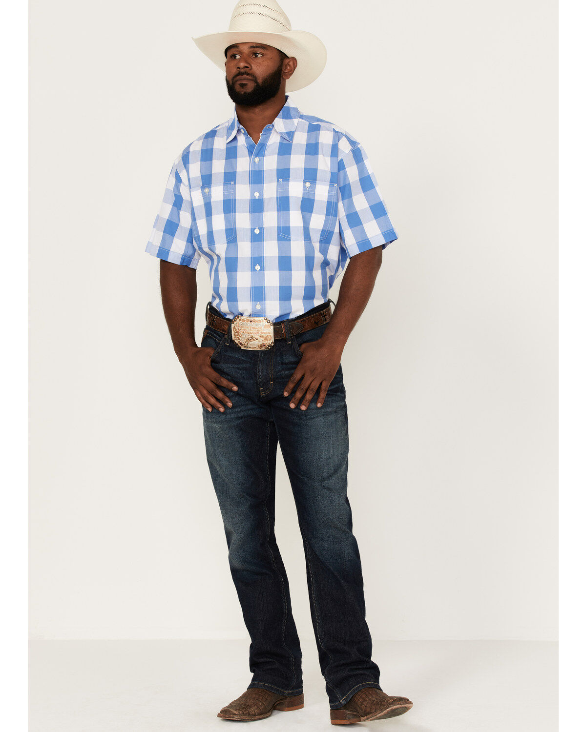 Image #2 - Resistol Men's Lantana Buffalo Check Plaid Print Short Sleeve Button Down Western Shirt, White, hi-res