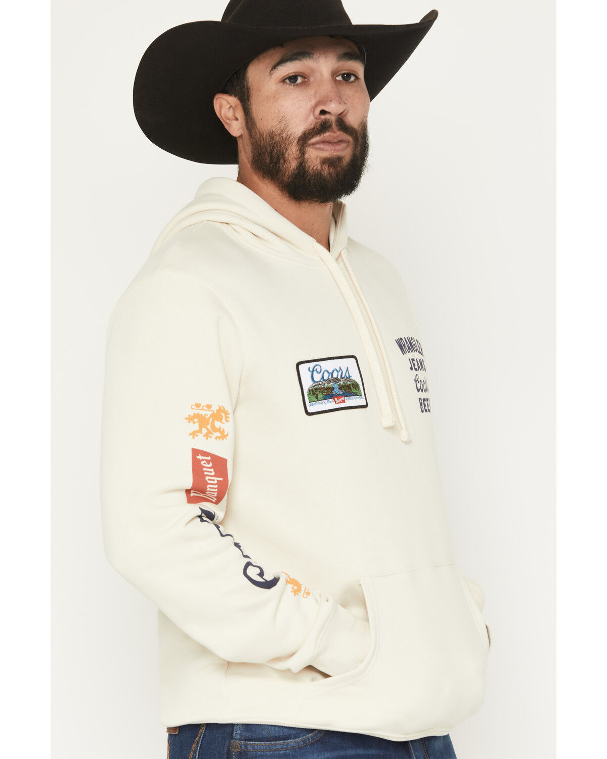 Image #2 - Wrangler X Coors Banquet Men's Logo Sleeve Hoodie, Cream, hi-res