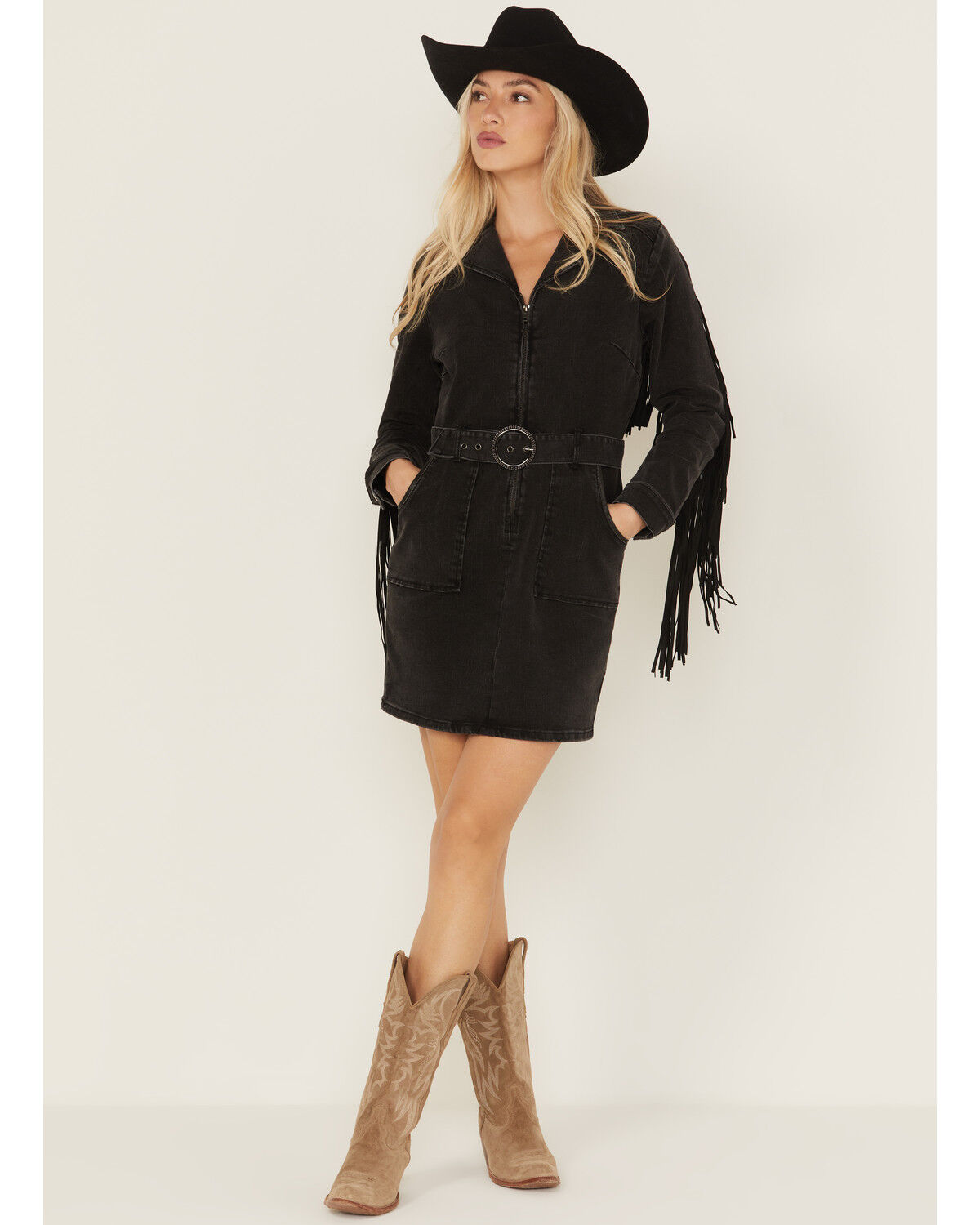 Image #1 - Idyllwind Women's Fringe Long Sleeve Stretch Denim Mini Dress, Black, hi-res