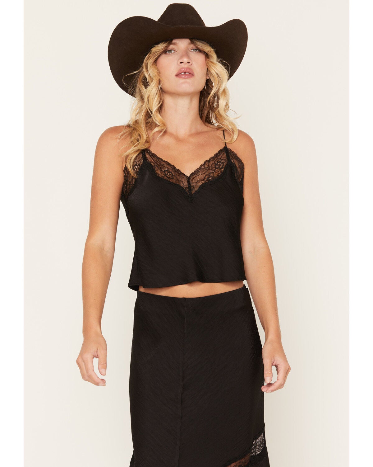 White Crow Women's Sleeveless Satin Lace Cami, Black, hi-res