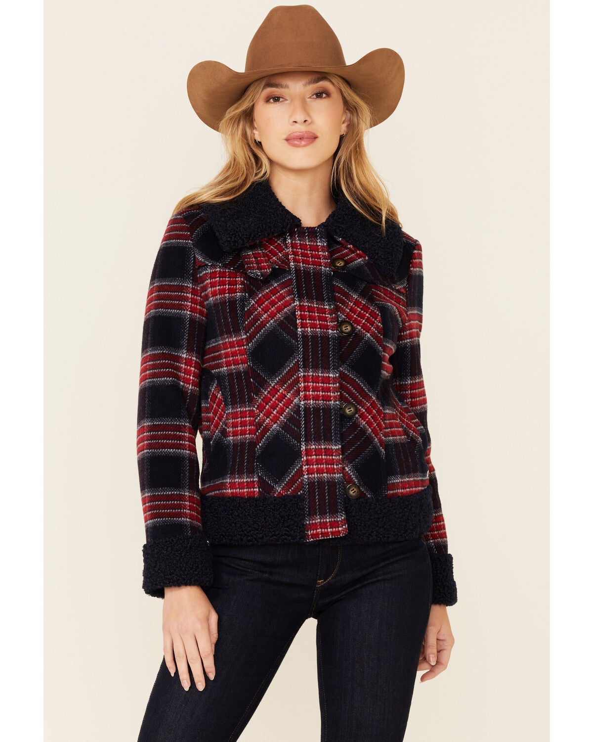 Powder River Outfitters Women's Red & Navy Plaid Button-Front Wool Sherpa Coat, Red, hi-res