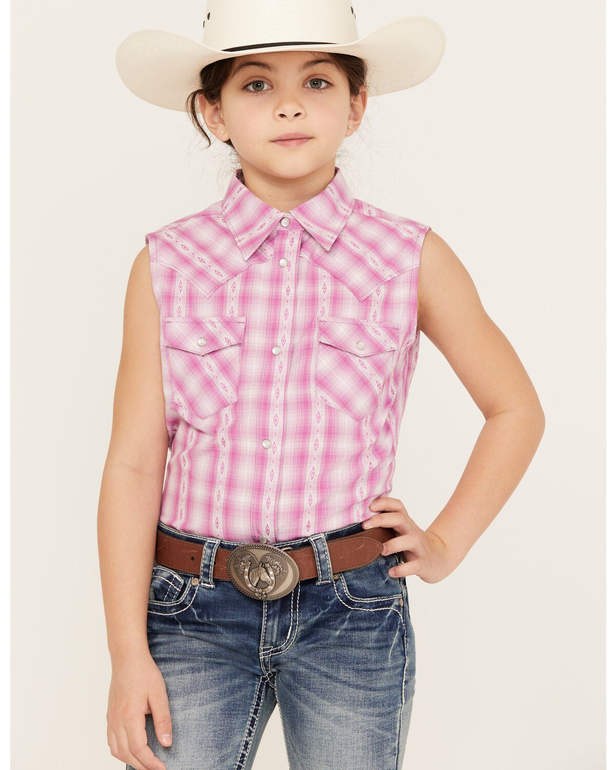 Shyanne Girls' Dobby Pearl Snap Western Shirt, Grape, hi-res