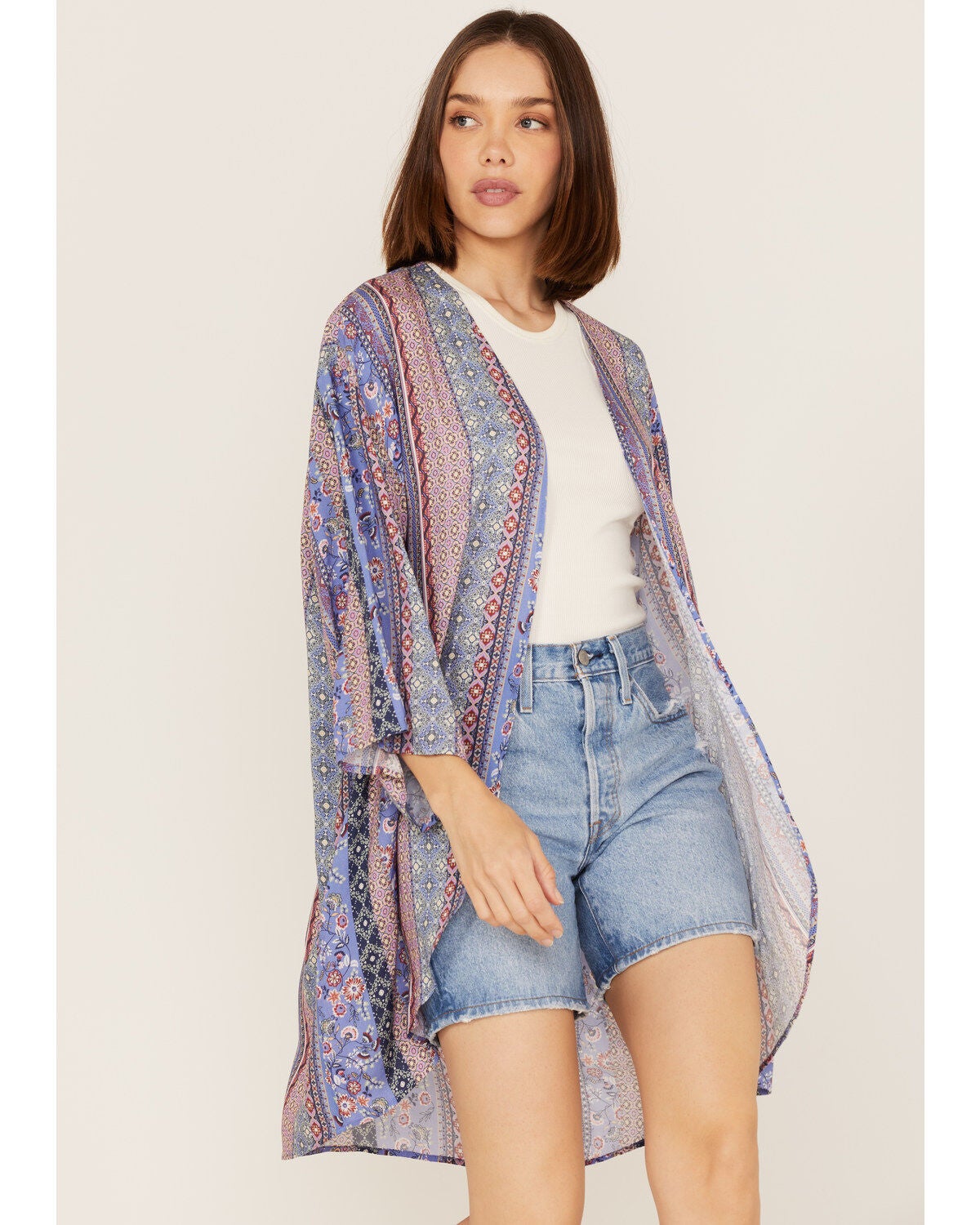 Cotton & Rye Women's Floral Border Print Kimono, Blue, hi-res