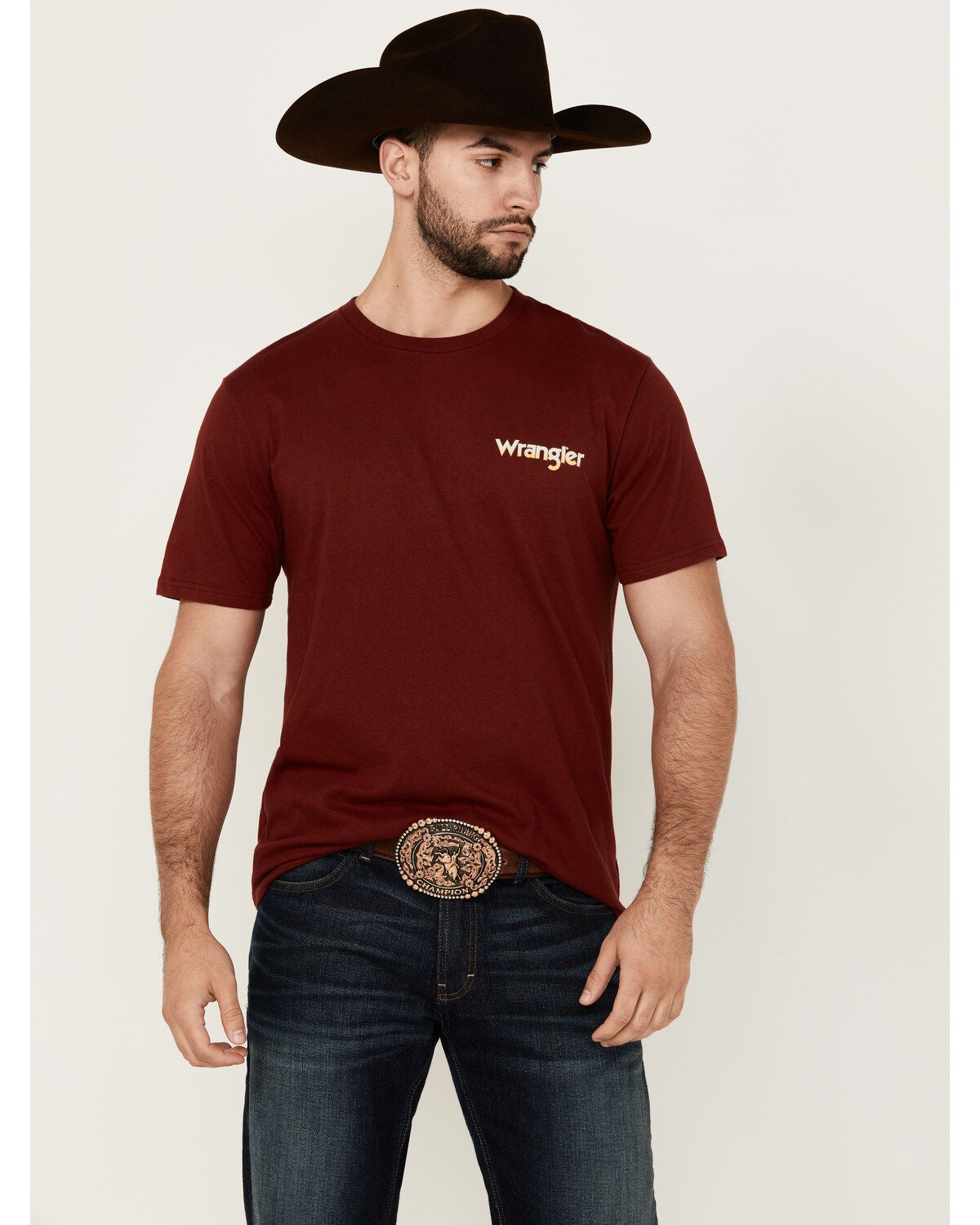 Wrangler Men's Boot Barn Exclusive Cowboy Southwestern Short Sleeve Graphic T-Shirt, Burgundy, hi-res