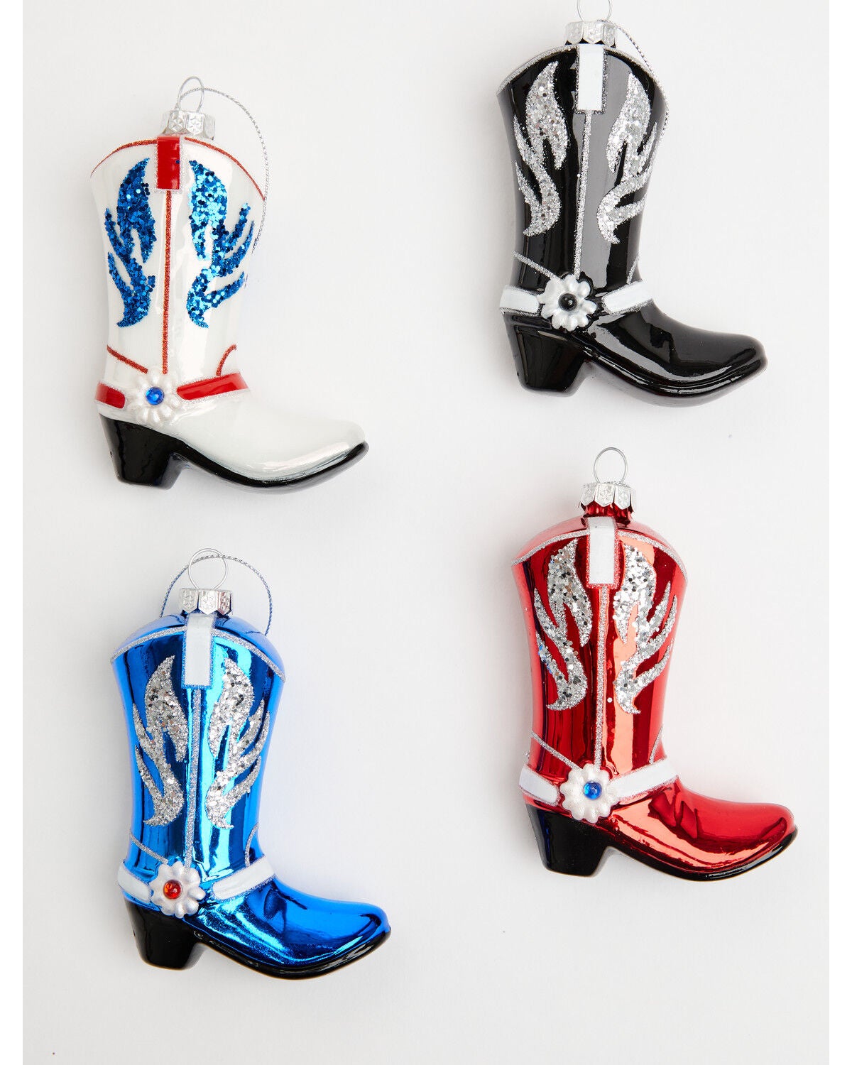 Boot Barn Cowboy Boots Glass Christmas Ornament Set - 4 Piece, Red/white/blue, hi-res