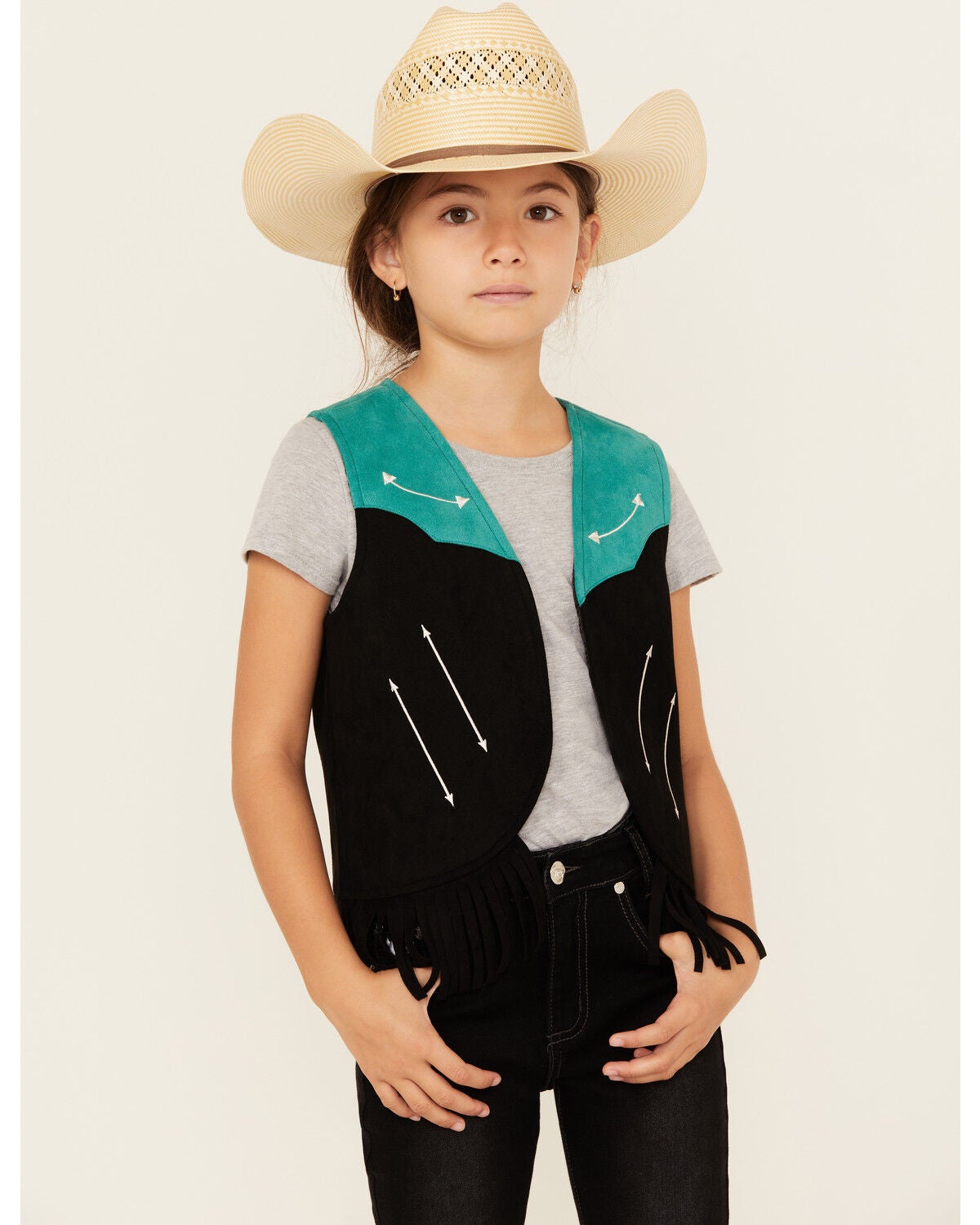 Rock & Roll Denim Girls' Fringe Vest, Turquoise, hi-res