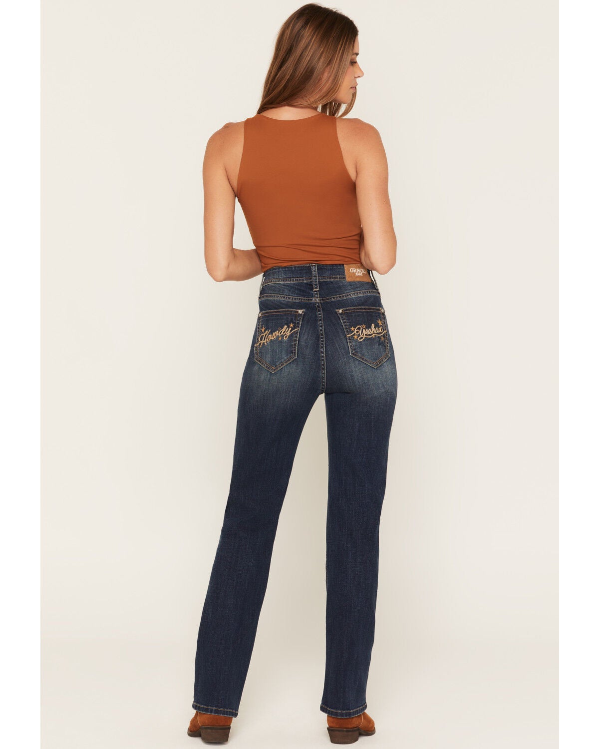 Image #1 - Grace in LA Women's Dark Wash High Rise Howdy Pocket 32" Straight Stretch Denim Jeans, Dark Wash, hi-res