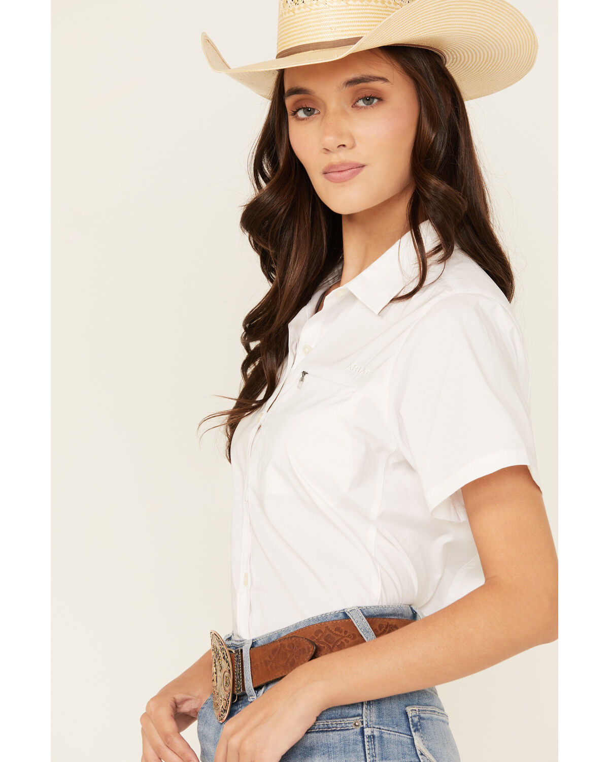 Image #2 - Ariat Women's VentTEK Solid Short Sleeve Button-Down Stretch Western Shirt, White, hi-res