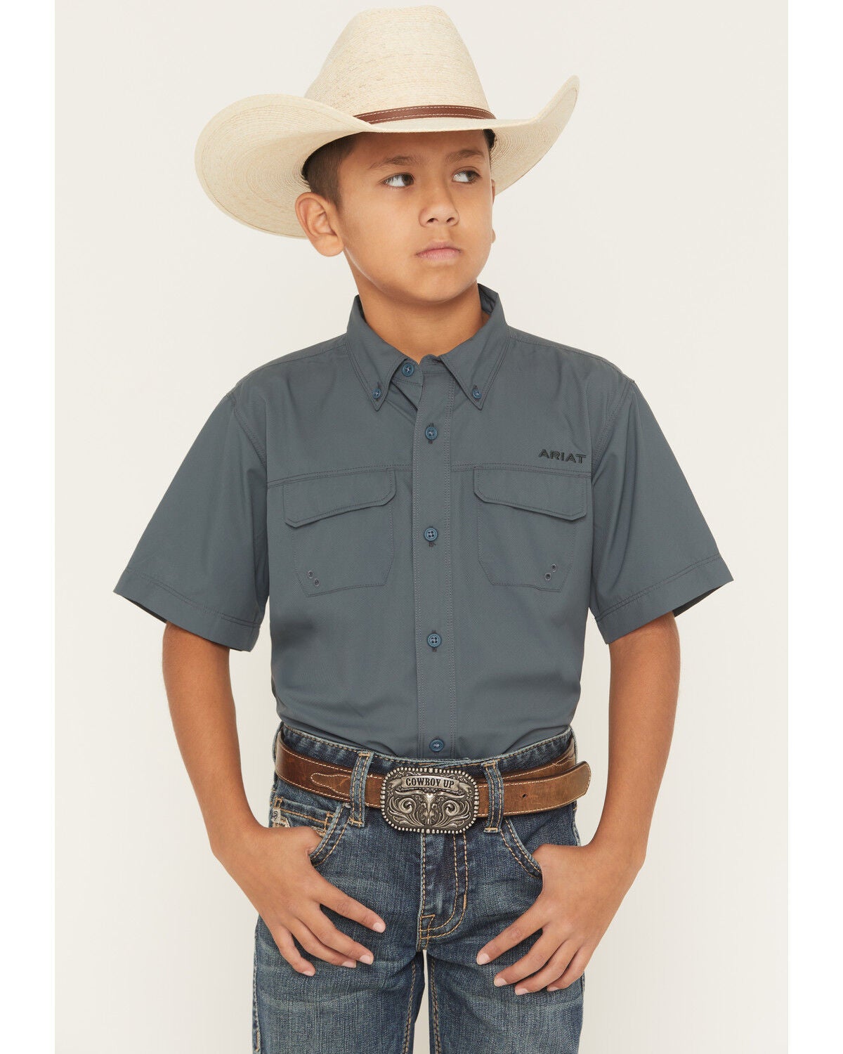 Ariat Boys' VentTEK Solid Short Sleeve Button-Down Western Shirt, Grey, hi-res