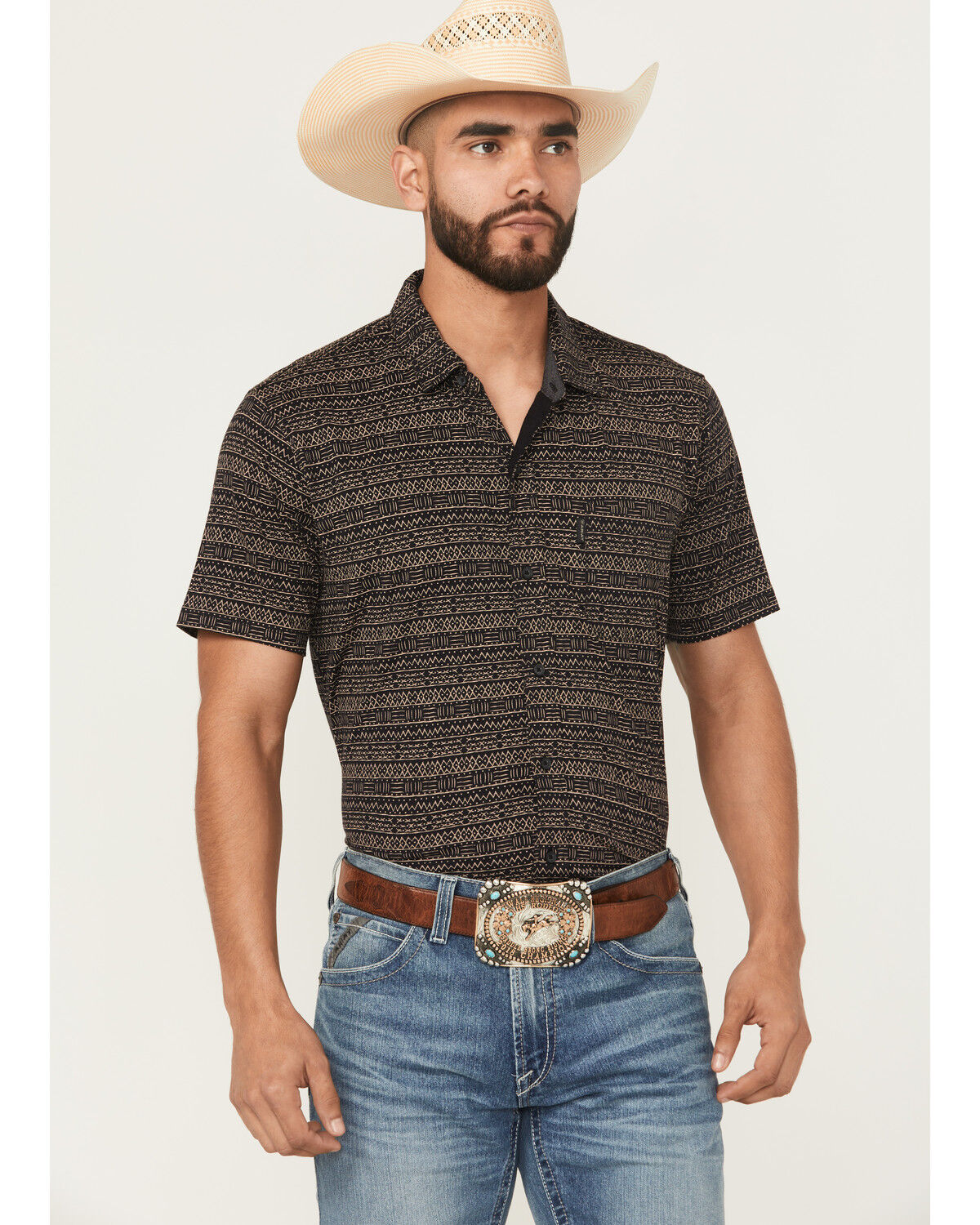 Image #1 - Ariat Men's Retro Southwestern Stripe Print Short Sleeve Button-Down Stretch Western Shirt, Black, hi-res
