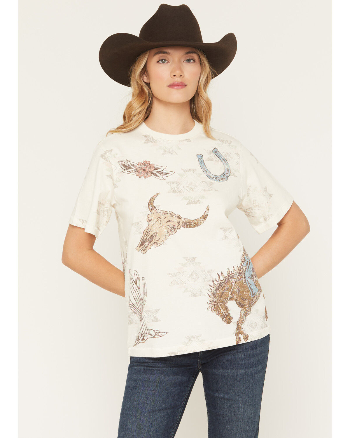 Image #1 - Shyanne Women's Allover Western Print Short Sleeve Graphic Tee, Cream, hi-res