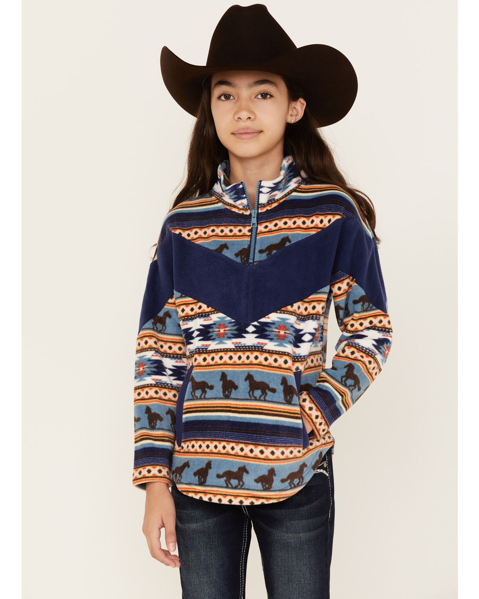 Cruel Girl Girls Serape Stripe Horse Print Fleece Pullover