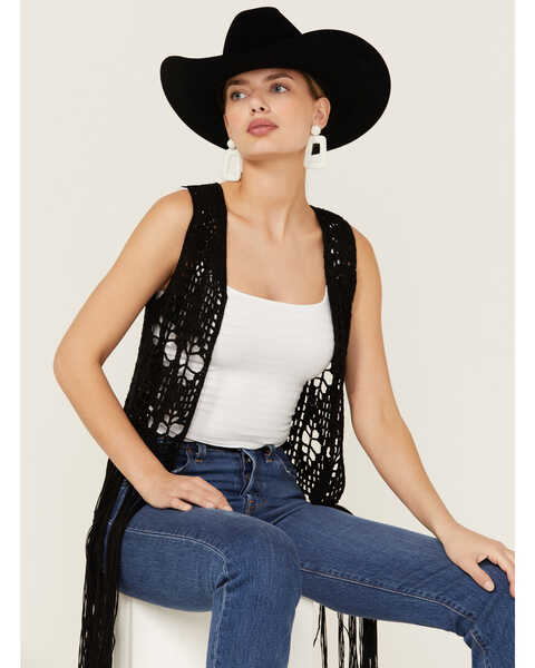 Image #1 - Rock & Roll Denim Women's Black Crochet Long Fringe Vest, , hi-res