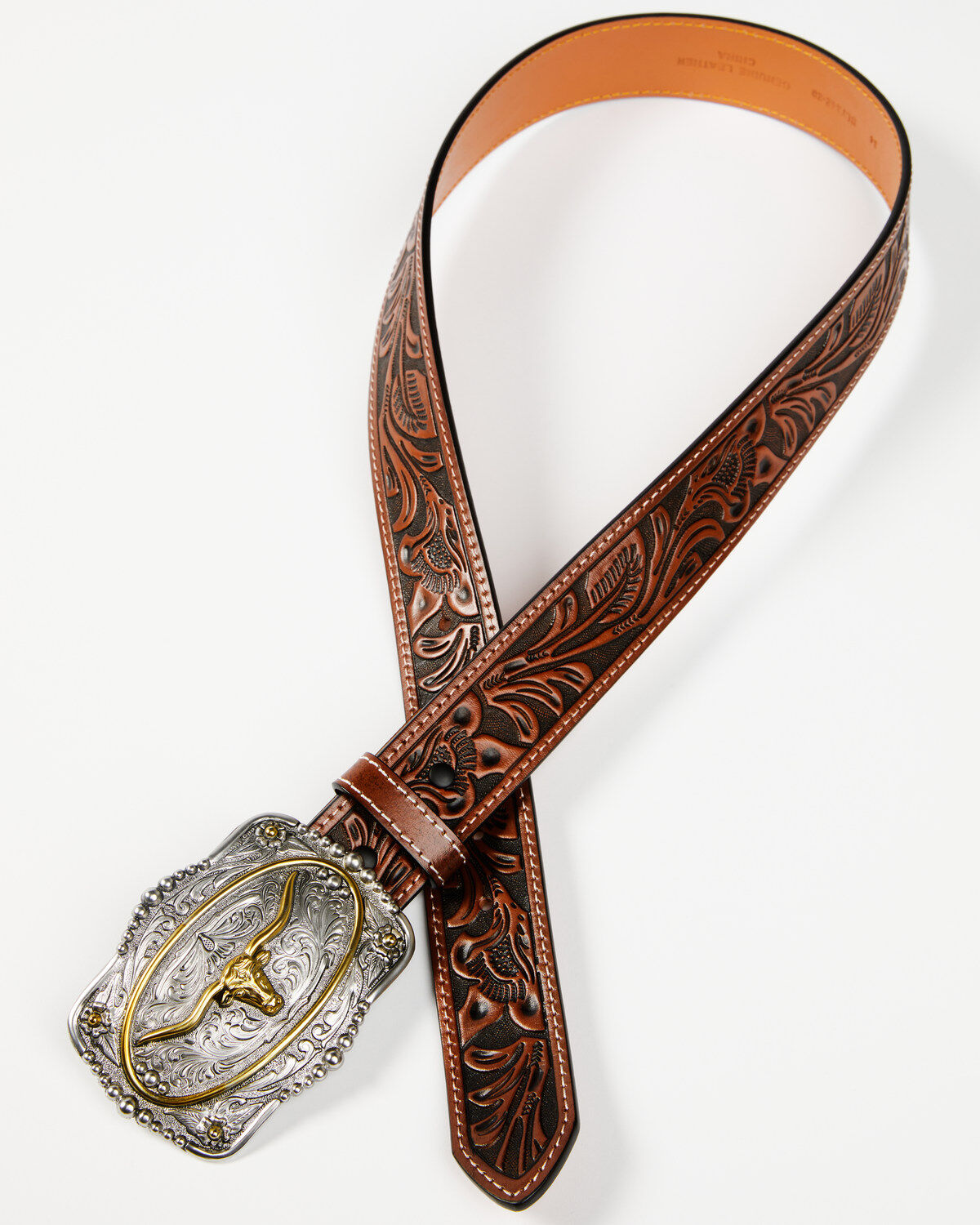 Image #2 - Cody James Men's Tooled Longhorn Buckle Belt, Tan, hi-res
