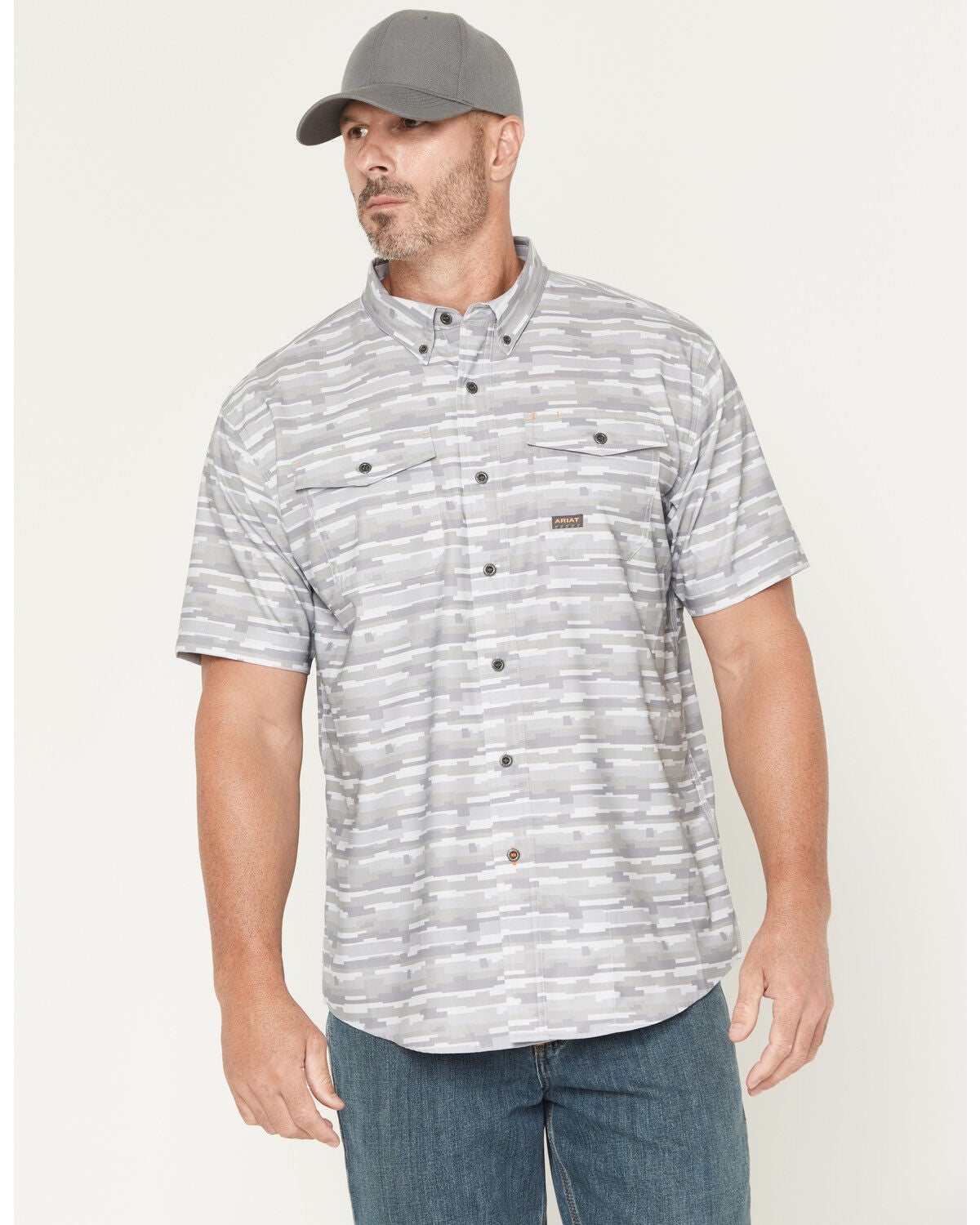 Ariat Men's Rebar Made Tough VentTEK Short Sleeve Button-Down Stretch Work Shirt, Light Grey, hi-res