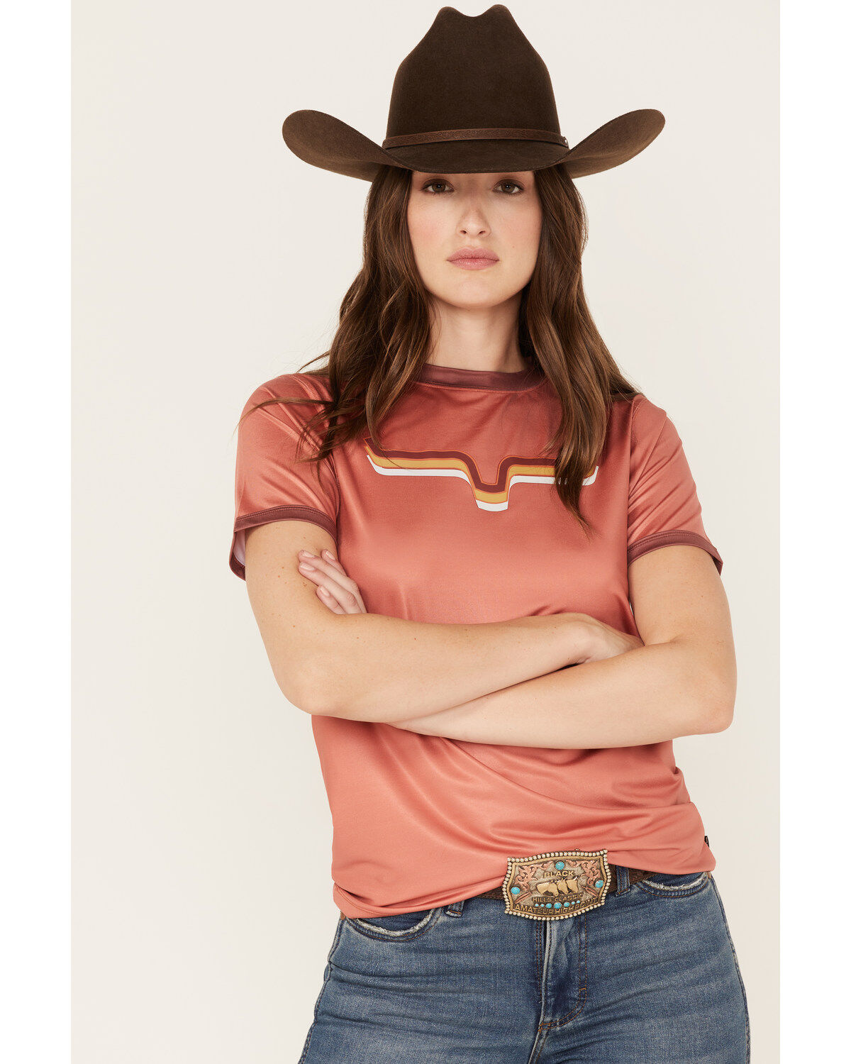 Image #1 - Kimes Ranch Women's Rhythm Ringer Performance Tech Tee, Orange, hi-res
