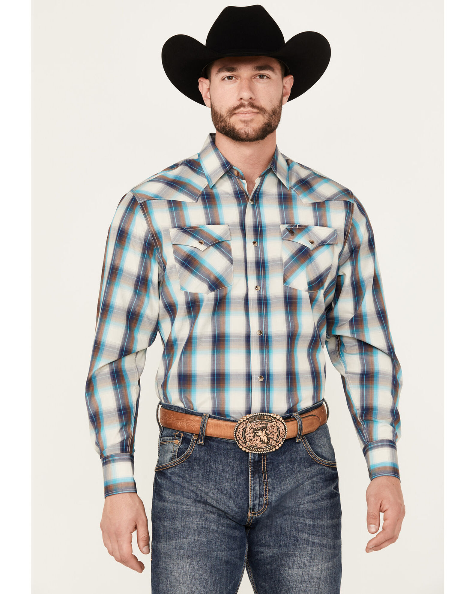 Rodeo Clothing Men's Plaid Print Long Sleeve Western Snap Shirt
