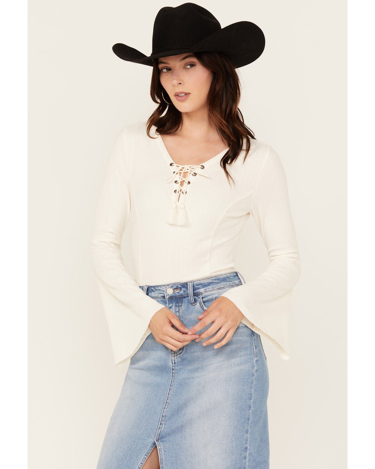 Shyanne Women's Solid Lace-Up Long Sleeve Shirt, Off White, hi-res