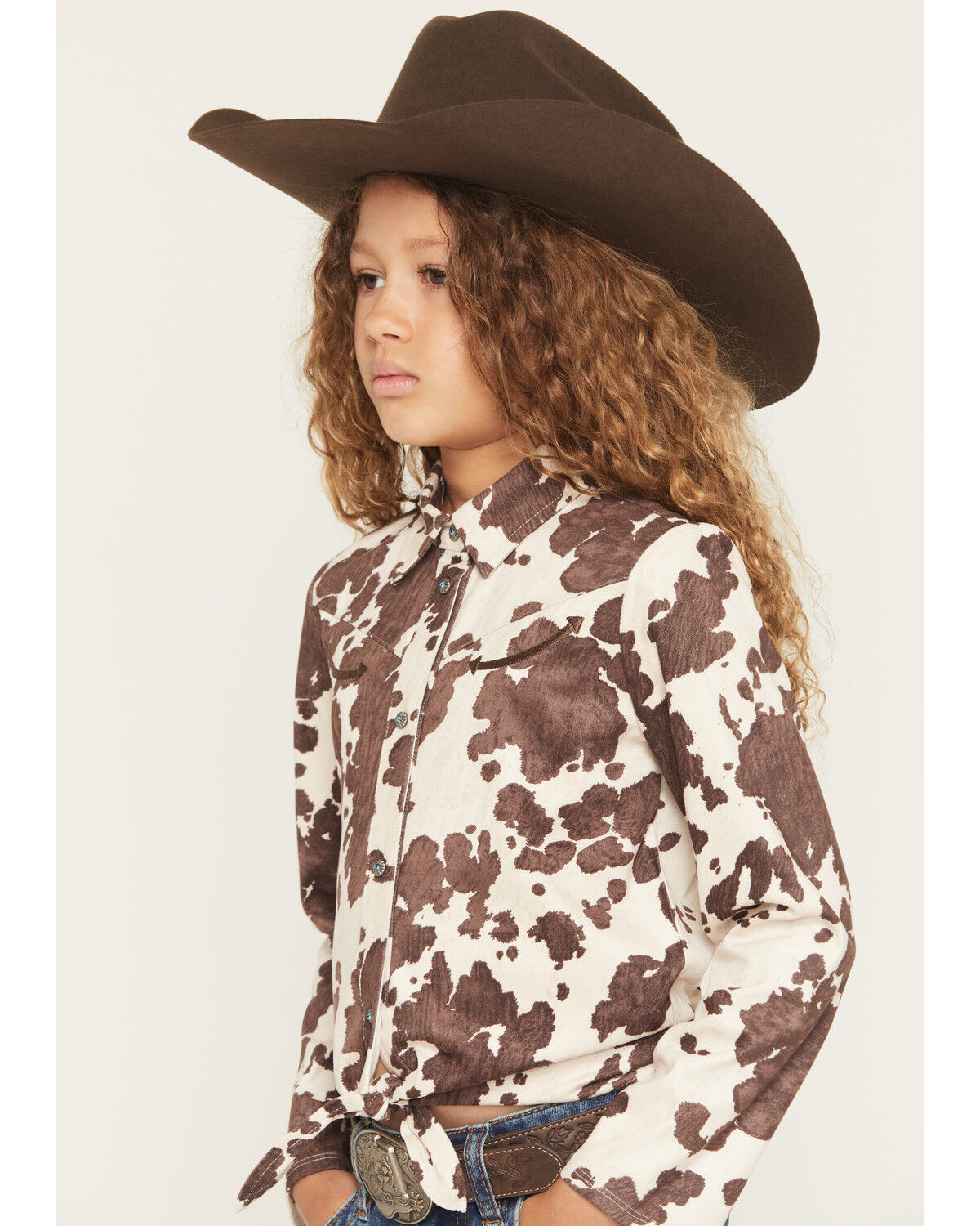 Image #2 - Shyanne Girls' Naomi Cow Print Long Sleeve Tie Western Shirt, Brown, hi-res