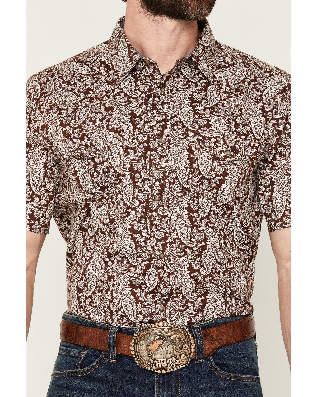 Image #3 - Cody James Men's Rusted Gate Paisley Print Short Sleeve Snap Western Shirt - Big, Brown, hi-res