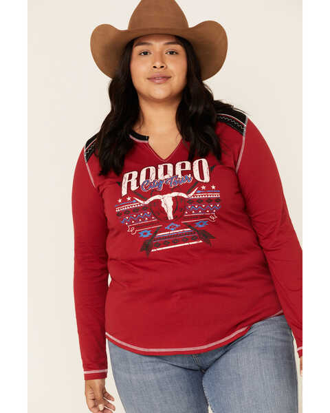 Image #1 - White Label by Panhandle Women's Red Rodeo City Tour Fringe Tee - Plus, Red, hi-res