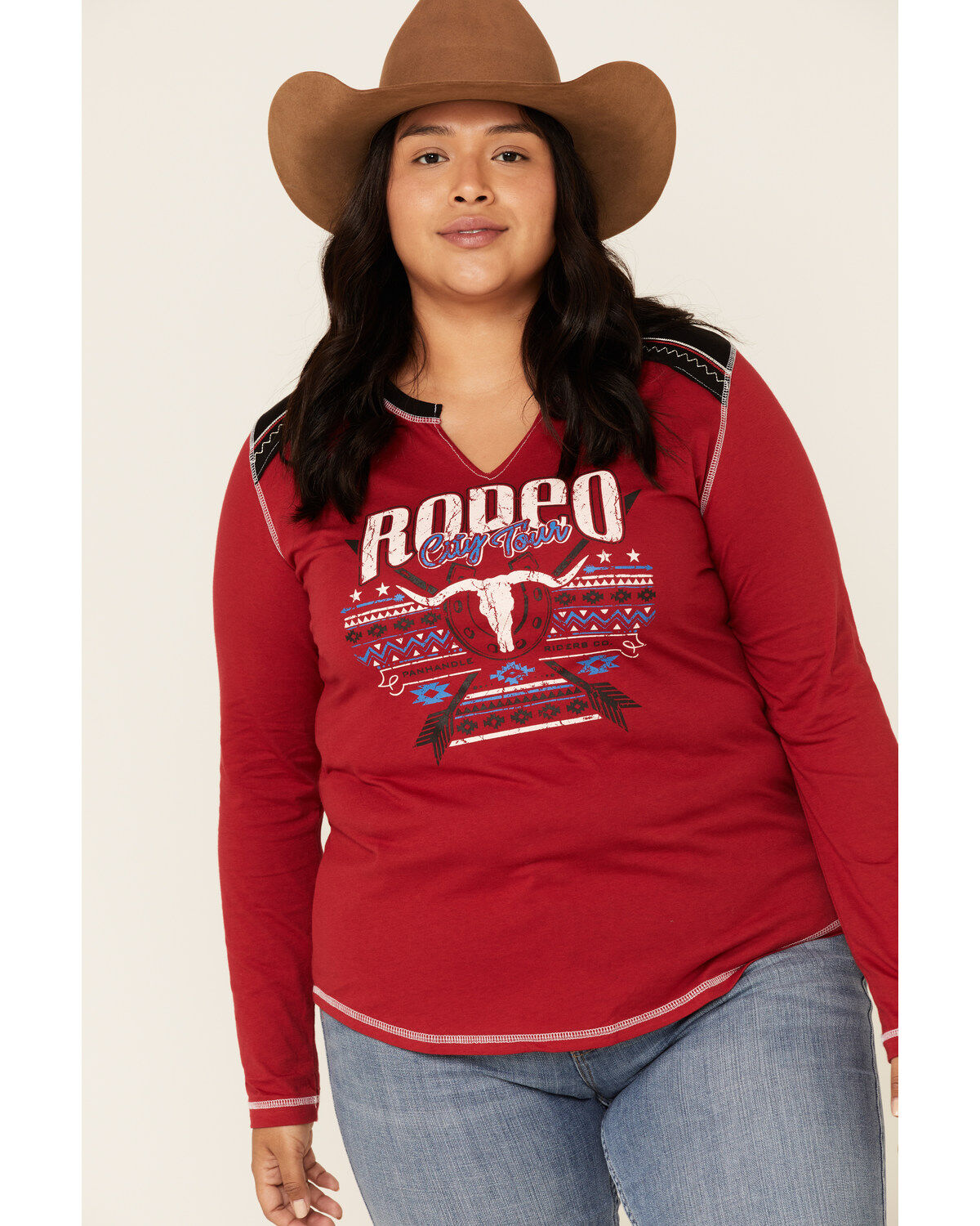 Image #1 - White Label by Panhandle Women's Red Rodeo City Tour Fringe Tee - Plus, , hi-res