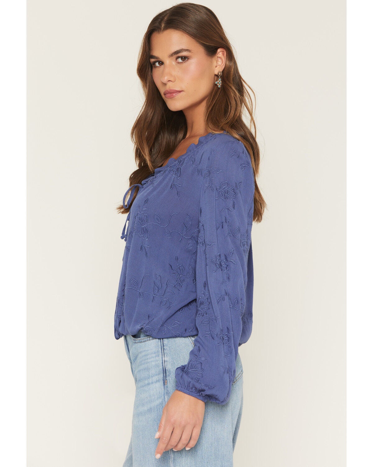 Image #2 - Wild Moss Women's Button-Front Embroidered Long Sleeve Peasant Top, Blue, hi-res