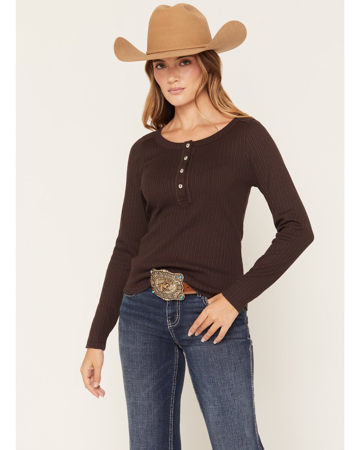Image #1 - Shyanne Women's Lace Trim Henley Long Sleeve Top, Cognac, hi-res