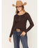 Image #1 - Shyanne Women's Lace Trim Henley Long Sleeve Top, Cognac, hi-res