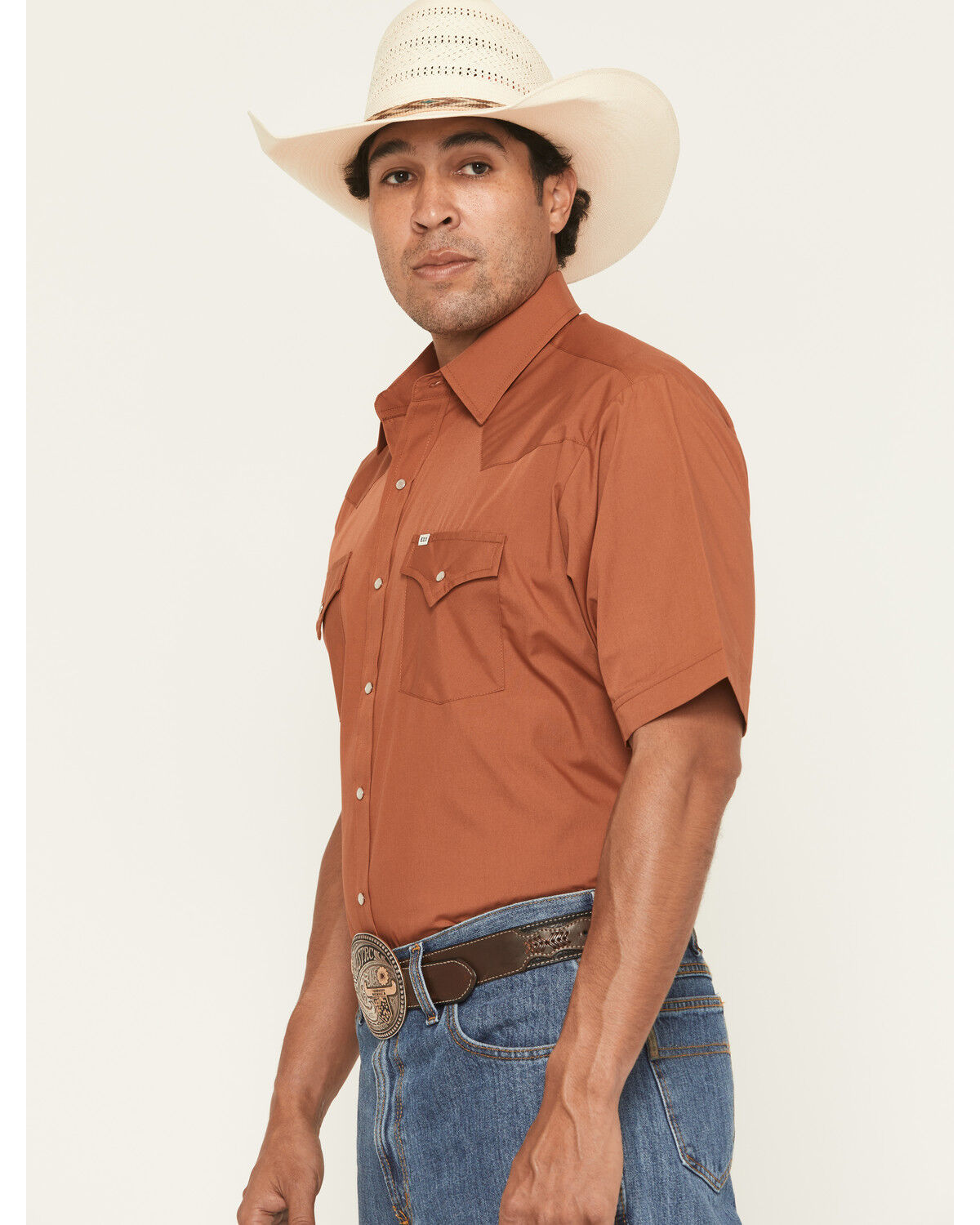 Image #2 - Ely Walker Men's Boot Barn Exclusive Solid Short Sleeve Snap Western Shirt, Rust Copper, hi-res