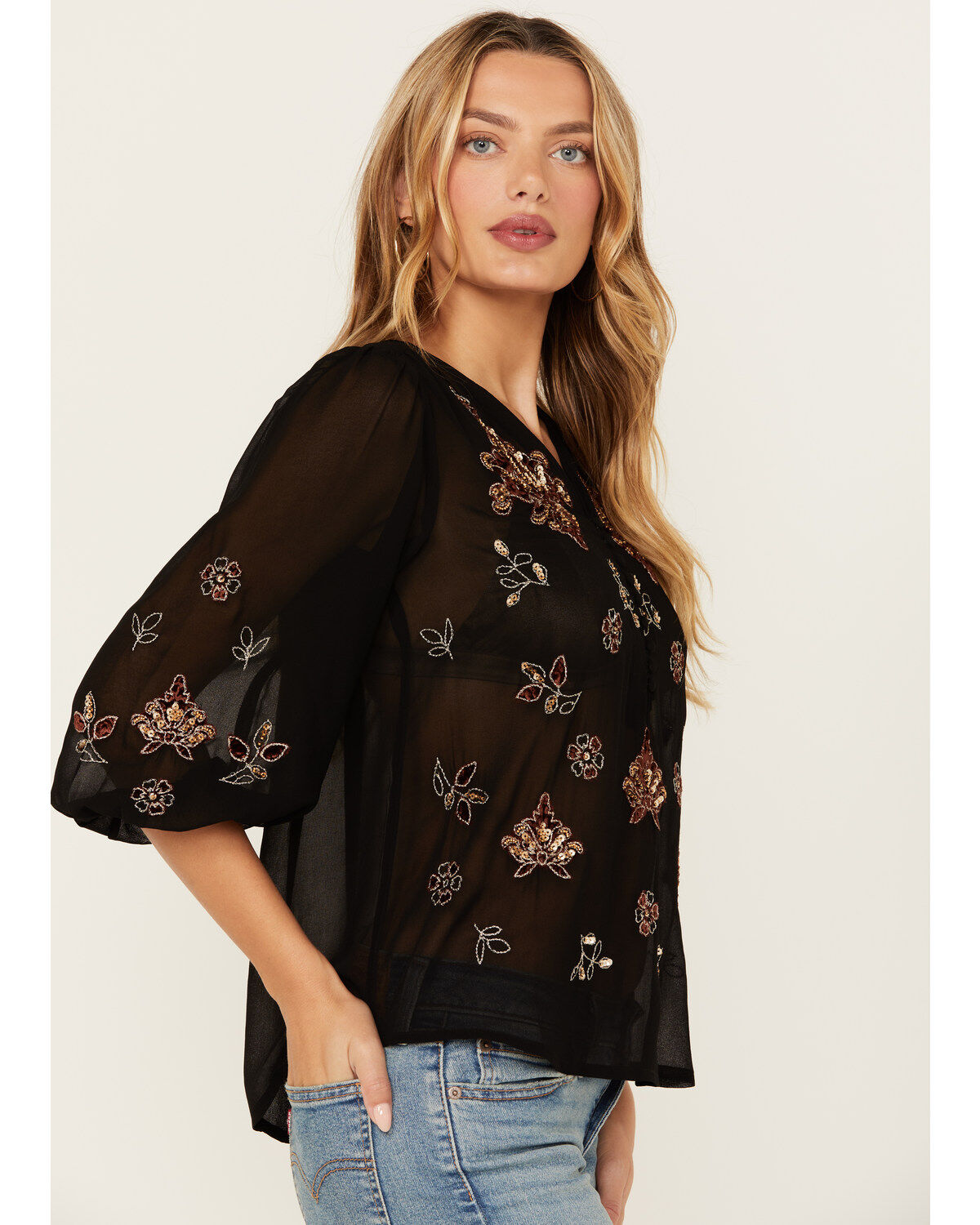 Image #2 - Shyanne Women's Decorated Peasant Top, Black, hi-res