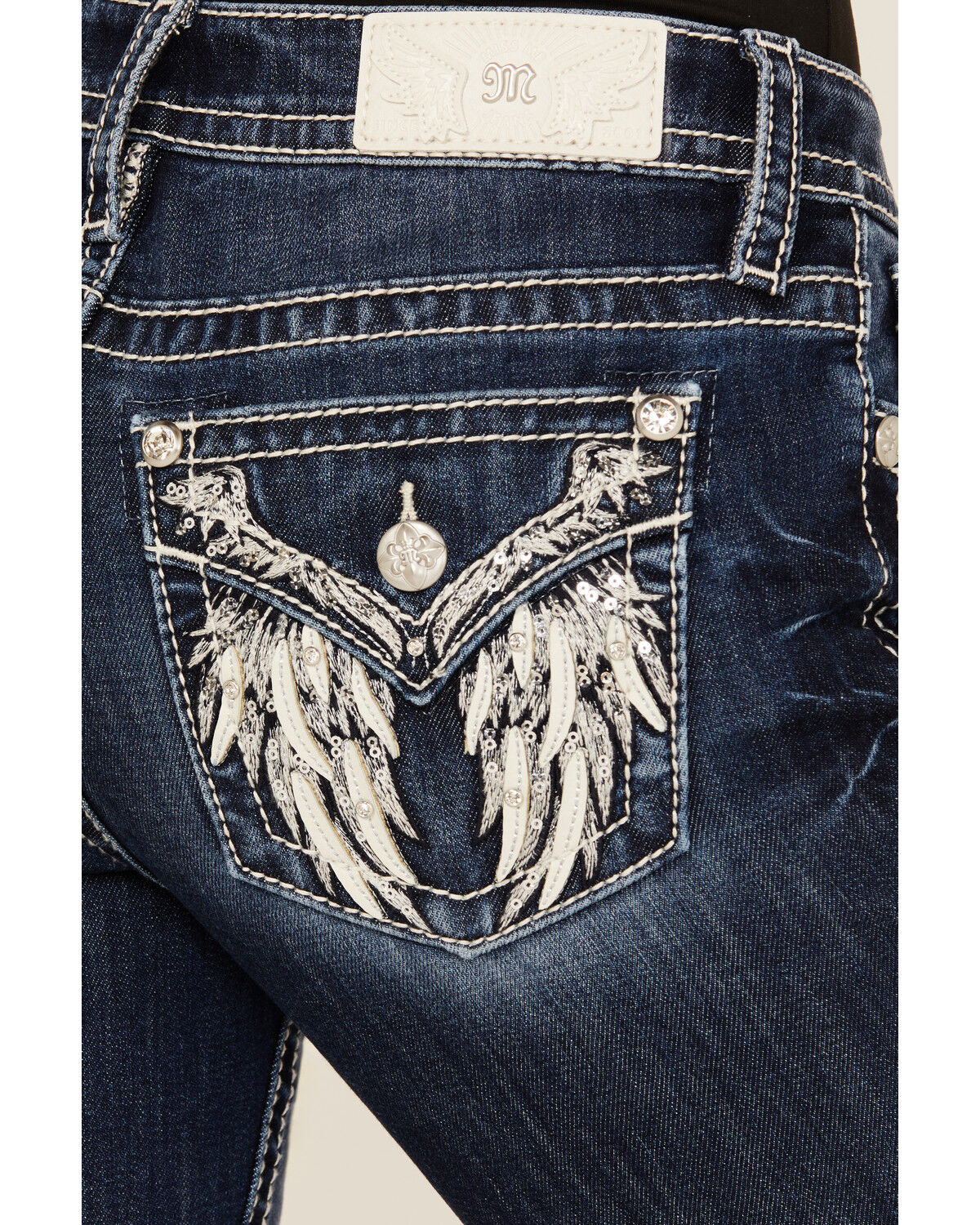 Image #2 - Miss Me Women's Dark Wash Mid Rise Feather Pocket 32" Bootcut Stretch Denim Jeans, Dark Wash, hi-res